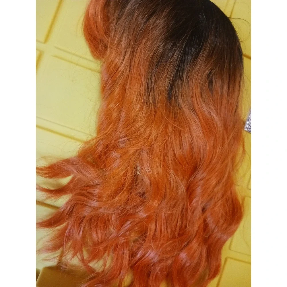 NEW Short Curly Black to Orange Ombre Synthetic Wig with Bangs & Wig Cap